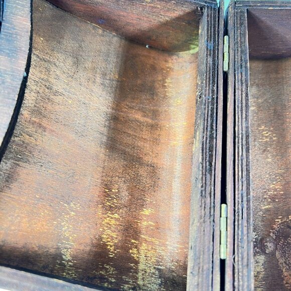 Vintage Wooden & Woven Leather Handbag Purse Brass Latch Hinges Straps - Picture 7 of 16